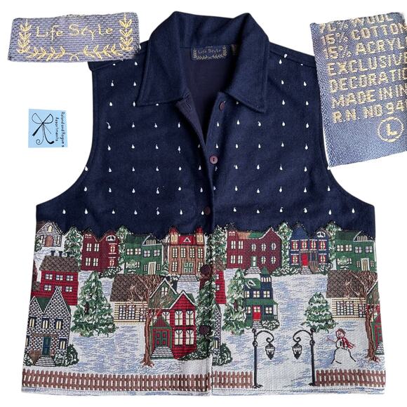 Life Style Wool Blend Holiday Embroidered Tapestry Vest Sz L - Picture 1 of 6